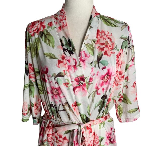 Show Me Your Mumu Short Brie Robe One Size White Floral Tie Belt Short Sleeve - Picture 2 of 6